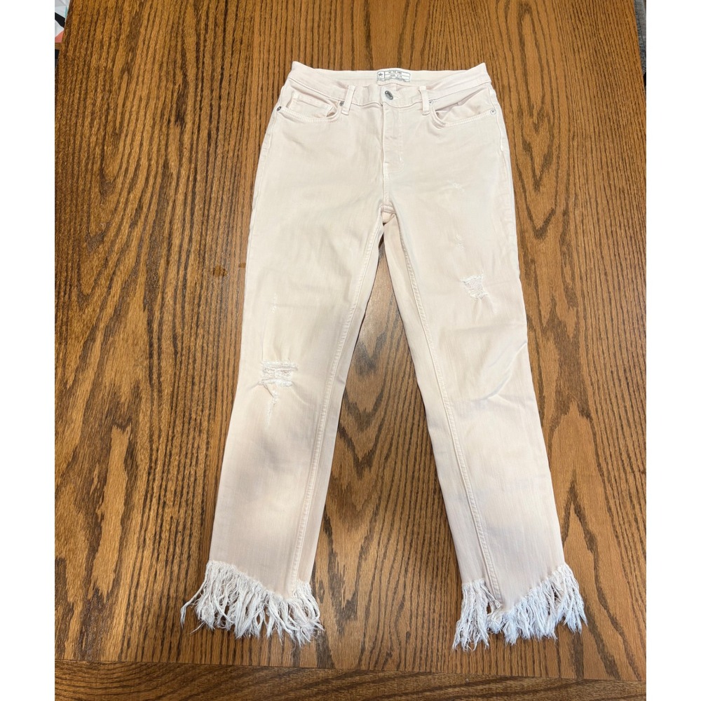 We The Free People Distressed Skinny Jeans Pink Frayed Fringe Hem Size 28